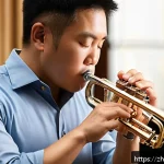 트럼펫 소리 증폭 원리 - A focused scene of a professional trumpet player practicing breath control indoors, highlighting dee...