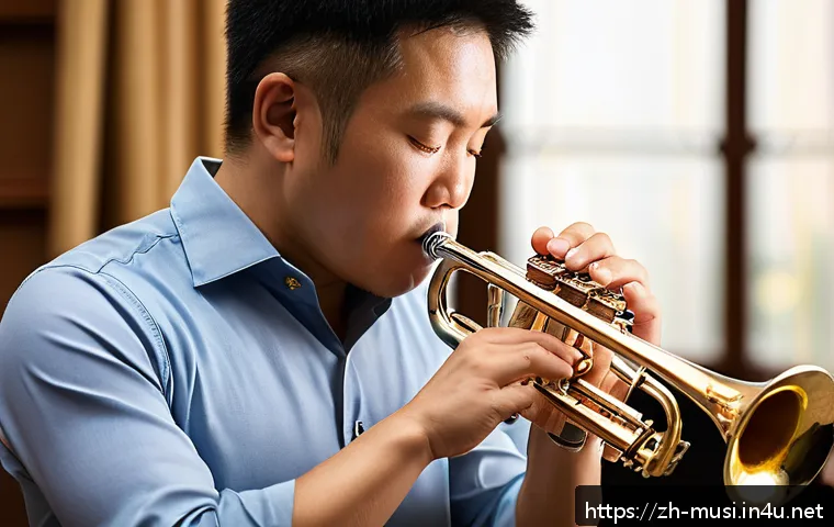 트럼펫 소리 증폭 원리 - A focused scene of a professional trumpet player practicing breath control indoors, highlighting dee...