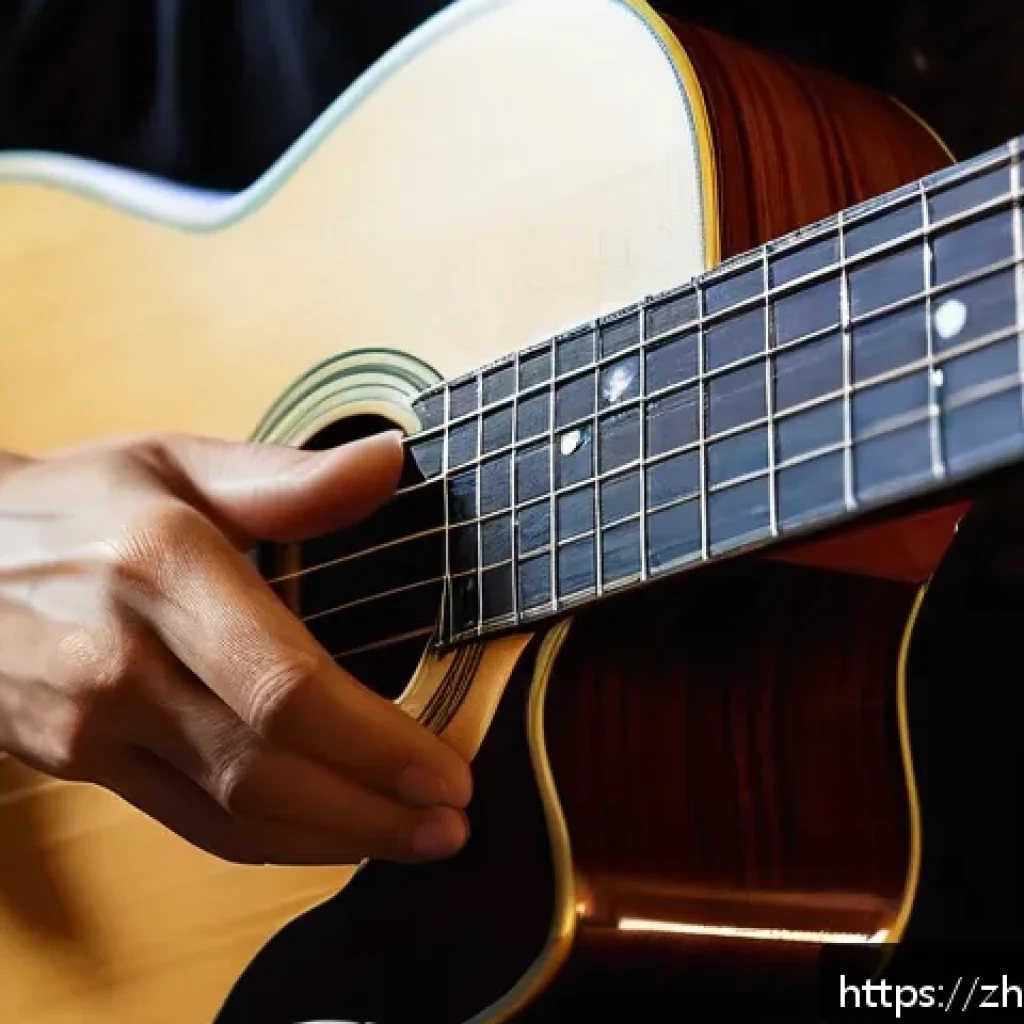 기타 줄 감는 방법 - A close-up scene of a guitarist’s left hand skillfully performing precise string changes on an acous...