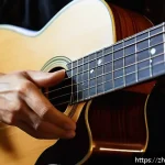 기타 줄 감는 방법 - A close-up scene of a guitarist&rsquo;s left hand skillfully performing precise string changes on an acous...