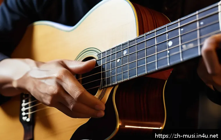 기타 줄 감는 방법 - A close-up scene of a guitarist&rsquo;s left hand skillfully performing precise string changes on an acous...