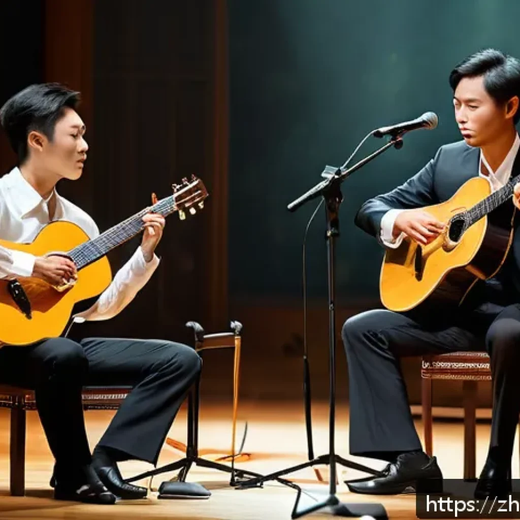 기타 듀오 곡 추천 - A detailed scene of two classical guitarists performing a duet on stage at a prestigious concert hal...