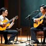 기타 듀오 곡 추천 - A detailed scene of two classical guitarists performing a duet on stage at a prestigious concert hal...