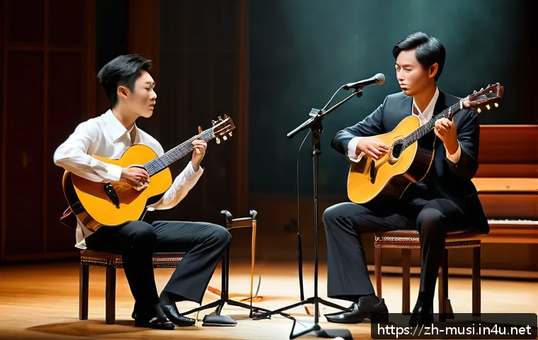 기타 듀오 곡 추천 - A detailed scene of two classical guitarists performing a duet on stage at a prestigious concert hal...