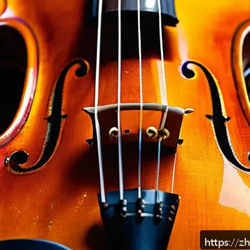 바이올린 현 교체법 - A close-up, highly detailed image of a violin resting on a wooden table, showcasing three different ...