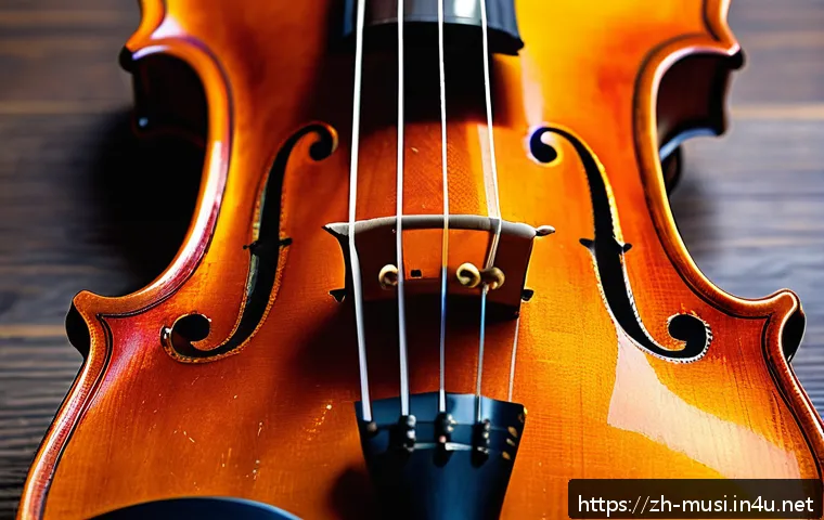 바이올린 현 교체법 - A close-up, highly detailed image of a violin resting on a wooden table, showcasing three different ...