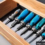 기타 도구 및 키트 - A detailed close-up of a multifunctional screwdriver set with various magnetic heads in different sh...