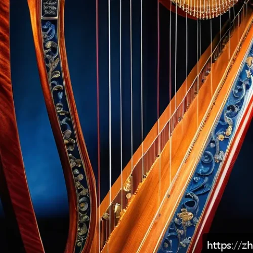 하프의 음역대 이해 - A grand concert harp positioned on an elegant stage, showcasing its full range of strings from deep ...