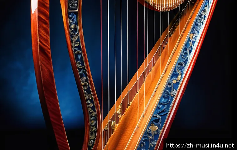 하프의 음역대 이해 - A grand concert harp positioned on an elegant stage, showcasing its full range of strings from deep ...