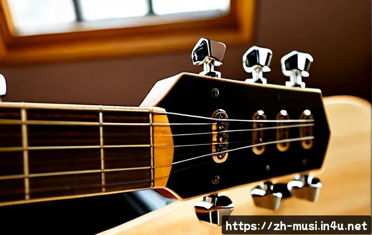 기타 튜닝 종류 - Photorealistic close-up of an acoustic guitar headstock with a musician’s hands carefully adjusting ...