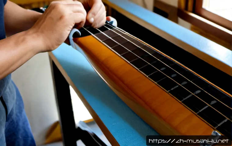 기타 리페어 서비스 추천 - Photorealistic local guitar repair workshop, skilled technician carefully adjusting the truss rod of...