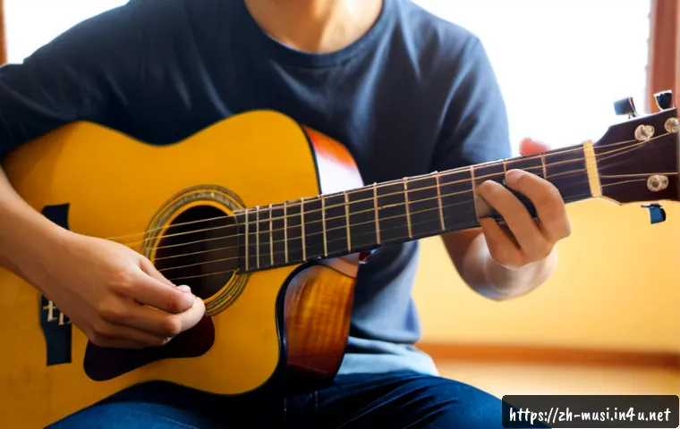 기타 초보자가 저지르는 실수 - Photorealistic close-up of a beginner guitarist seated in a bright home practice room, incorrectly f...