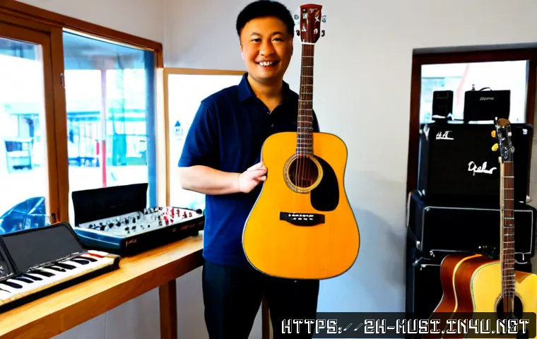 기타 장비 대여 방법 - Photorealistic music equipment rental shop, a friendly adult customer examining an acoustic guitar w...