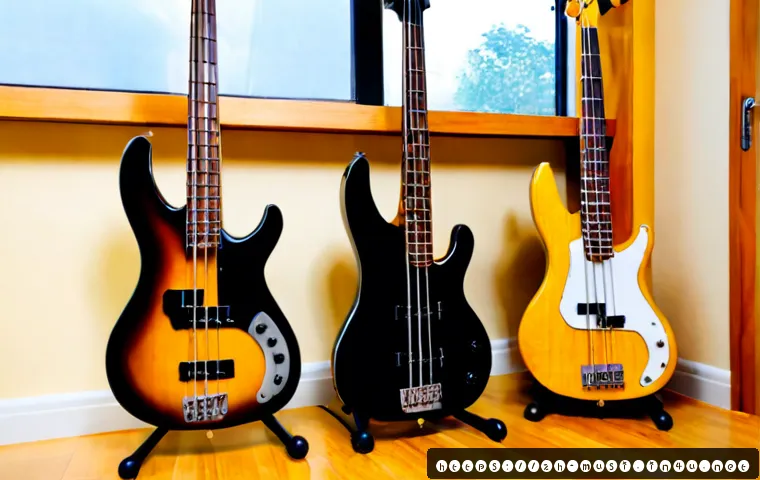 베이스 기타 추천 모델 - Photorealistic studio comparison of three distinct electric bass guitars on elegant wooden stands: a...