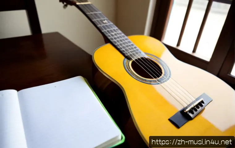기타 초보자 연습법 - Photorealistic beginner acoustic guitar practice at a tidy sunlit home desk, adult learner seated co...