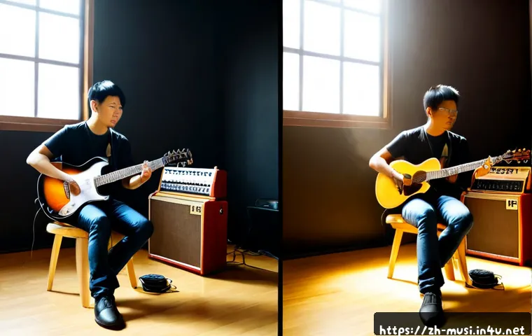 기타 음악 장르별 차이 - Photorealistic split-scene comparison of two guitarists in a clean modern music studio: on the left,...